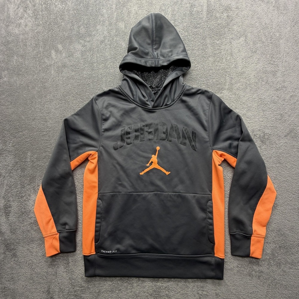 Jordan Hoodie Youth Large Gray Therma-FIT Fleece Pullover Colorblock‎ Orange